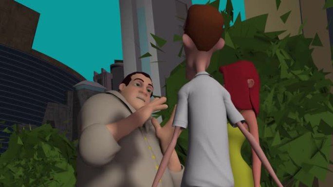 3d卡通动画，城市街道上的一幕，两个男人和一个女人的对话
