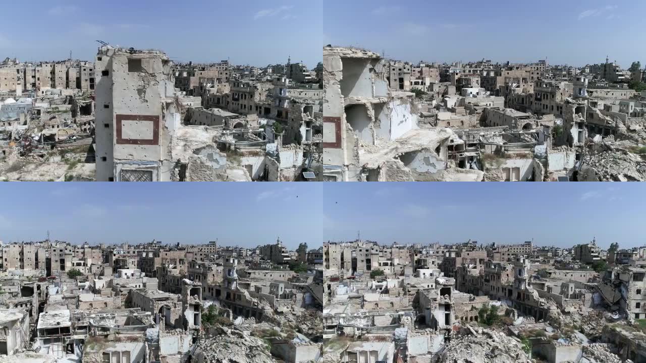 叙利亚阿勒颇的建筑在内战10年后。我们可以看到轰炸后被摧毁的建筑废墟-无人机4K鸟瞰图