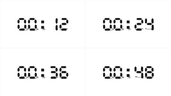 简单的一分钟倒计时器，黑色电子数字隔离在白色背景上