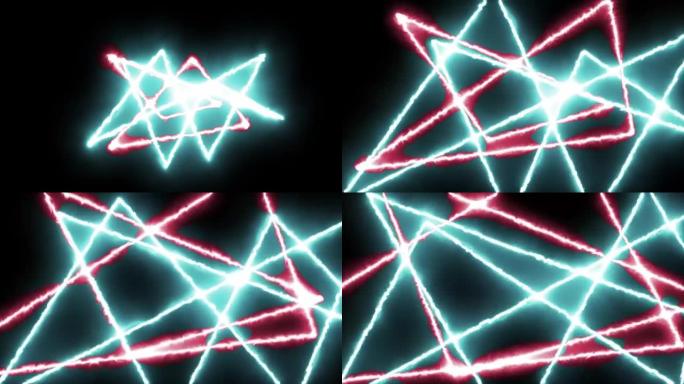 火激光表演动画。光线，激光发出红色和蓝色。燃烧80年代风格的激光束。横向构图，4k视频质量