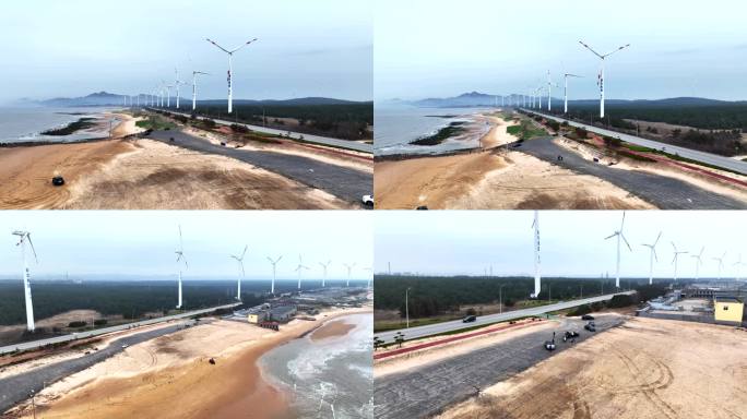 海岸公路风力发电 航拍