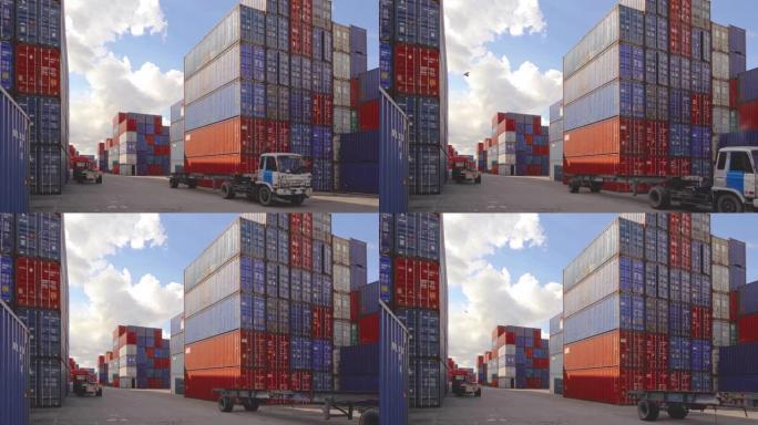 海运集装箱货车汽车吊装和装载在物流港仓库仓储工厂制造业务运输货运业务承运商进出口货物。