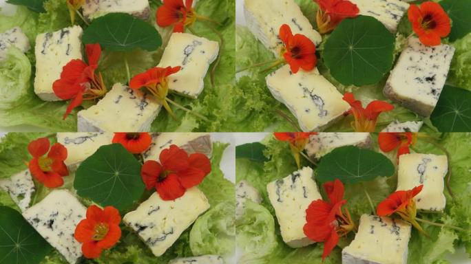 莴苣叶、蓝纹奶酪和可食用的金莲花花