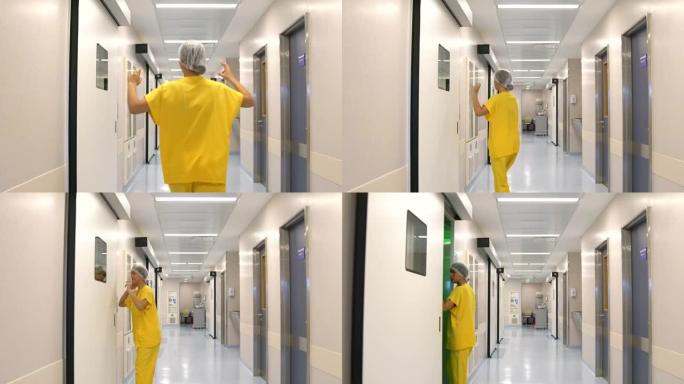拉丁裔女护士在医院走廊洗手后进入手术室