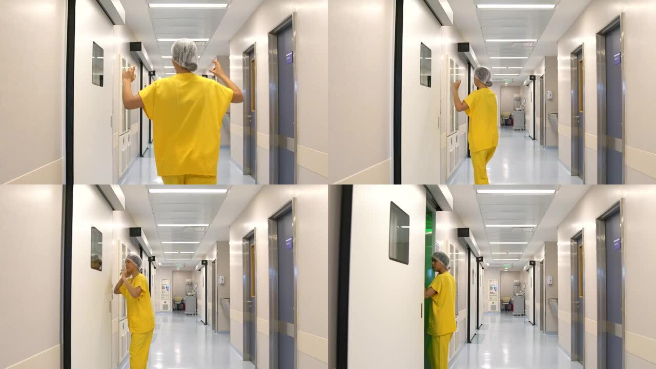 拉丁裔女护士在医院走廊洗手后进入手术室
