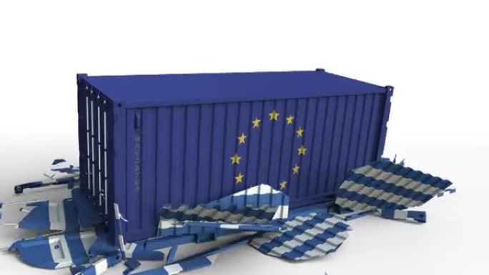 挂欧盟旗的集装箱将挂希腊旗的集装箱分开