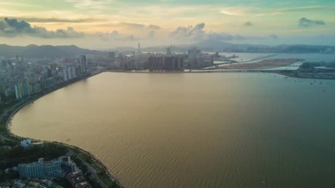 中国晚霞珠海著名海湾澳门航空全景4k延时