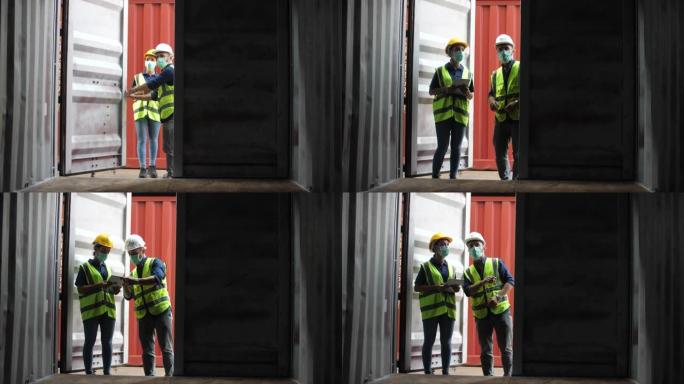 两名高加索集装箱码头员工打开并检查集装箱货物内部