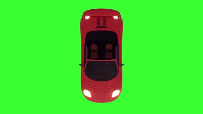 绿色背景上红色敞篷跑车的循环动画。顶视图