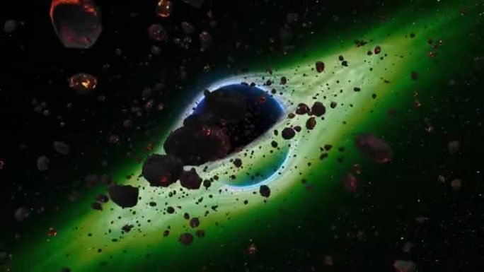 宇宙中的超大质量黑洞。吸积盘和旋转云，吞噬小行星3D渲染