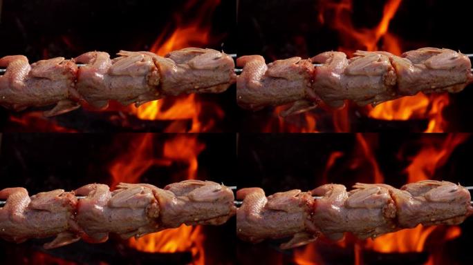 腌鹌鹑肉串在长串上