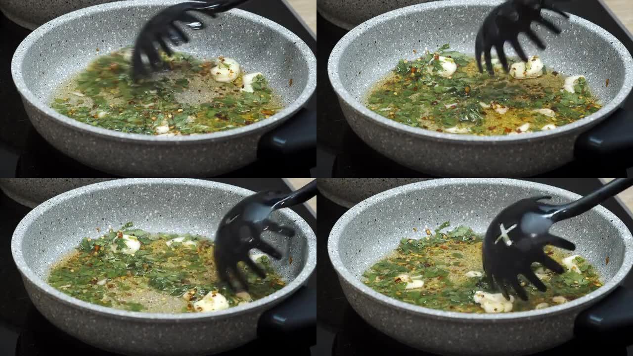 在石锅中烹饪大蒜青酱