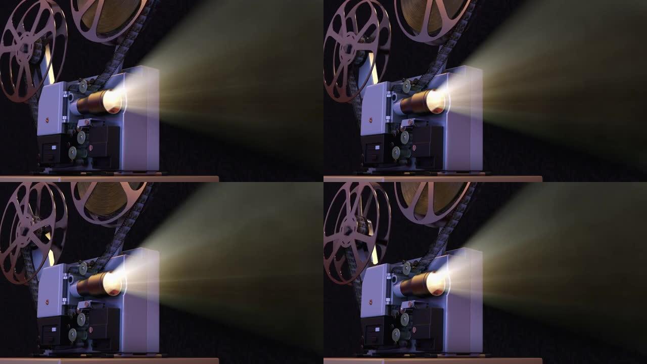 带电影卷轴的电影放映机在投影屏幕上播放旧的复古视频