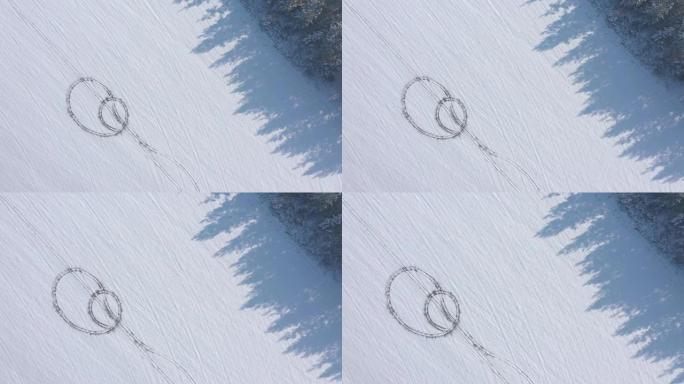 冬季车辆轮胎4k无人机视频在雪地上的标记