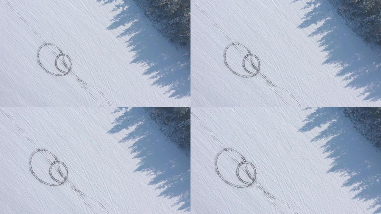 冬季车辆轮胎4k无人机视频在雪地上的标记