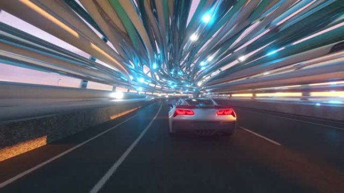 汽车在具有光纤的未来派桥梁上的运动。未来技术概念。商业背景。宜人的自然光。无缝循环3d渲染