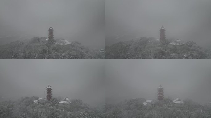 下雪天山顶宝塔航拍