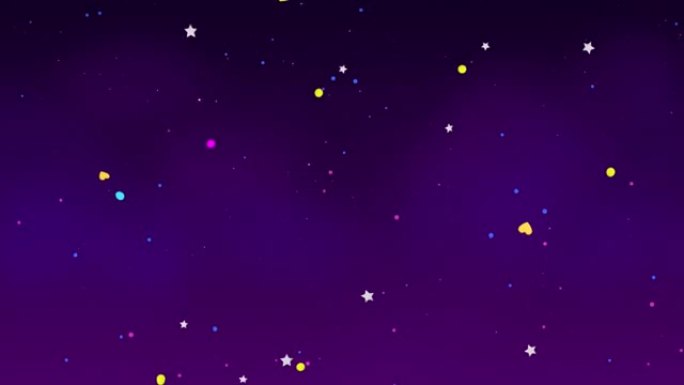 深紫色背景上彩色明亮的五彩纸屑。节日循环动画。落下的微小碎片、粒子、星星和心脏。庆典，嘉年华，派对抽
