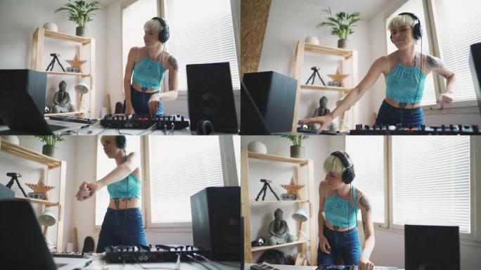 美丽的女性DJ流媒体来自家庭音乐工作室的现场音乐