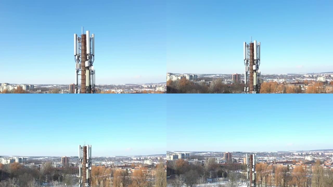 4g和5g蜂窝电信塔。基站或基站收发站。无线通信天线发射机。天线对着蓝天的电信塔。