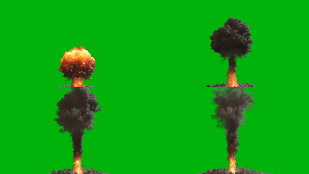 有大量烟雾的核弹爆炸。浓烟弥漫的巨大爆炸。绿色屏幕前冒烟爆炸。