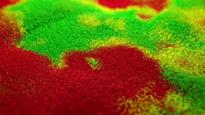 具有景深的红色绿色黄色漂浮粒子的摘要背景。有许多粒子的波。数字技术。未来主义浪潮。现代潮流横幅或海报