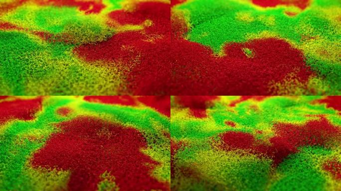 具有景深的红色绿色黄色漂浮粒子的摘要背景。有许多粒子的波。数字技术。未来主义浪潮。现代潮流横幅或海报