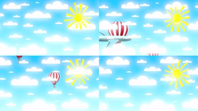 4K 3D动画，明亮的蓝天与太阳和纸云，飞机和气球。旅游，度假概念。