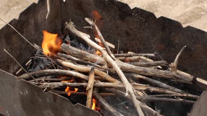 燃烧的柴树枝特写火。露天燃烧篝火。野餐。烧烤。人的手把柴树枝扔进火的火中。火焰的舌头。