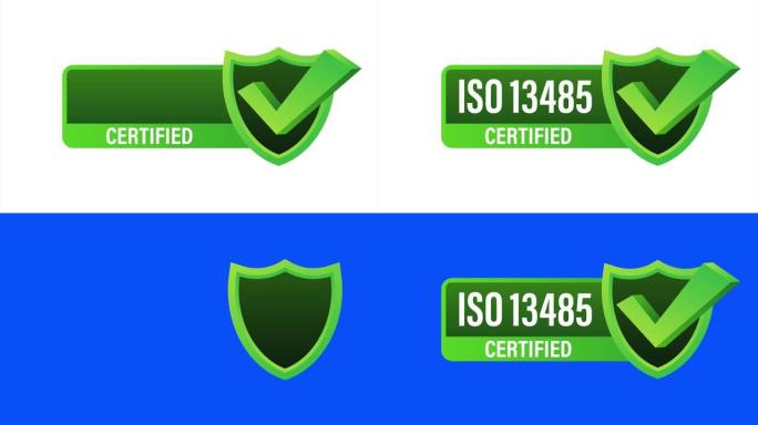 ISO 13485认证徽章，图标。认证印章。平面设计。