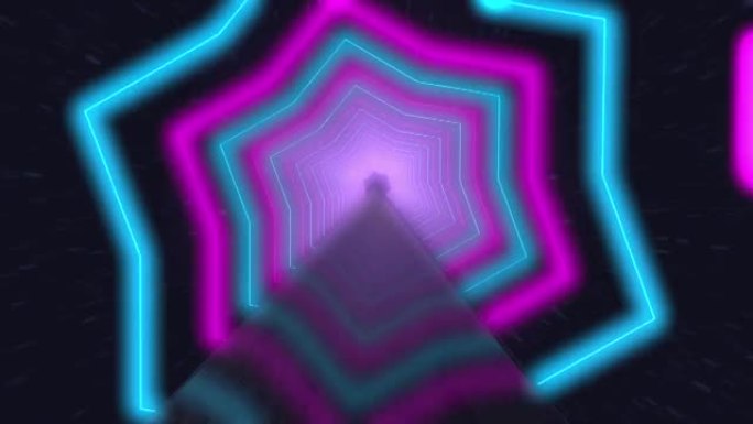 飞越发光的旋转霓虹灯六角星创造隧道，蓝红色粉色紫色光谱，荧光紫外线，现代七彩照明，4k循环动画。