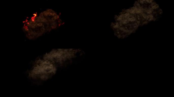 Inferno在屏幕中央爆发红色火焰，产生炽烈的效果，灰色烟雾向右移动并上升到顶部，由Alpha通道