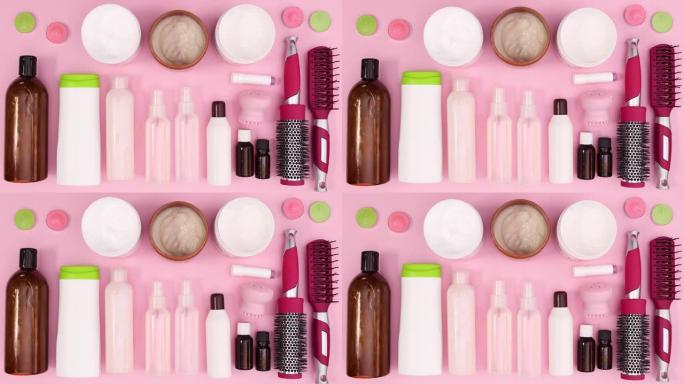 护肤化妆品产品以粉红色为主题。停止运动