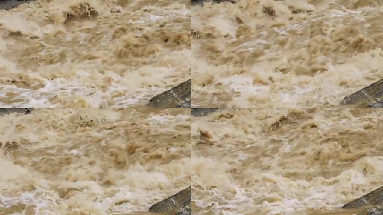 河流。泡沫状的脏水在特写镜头中