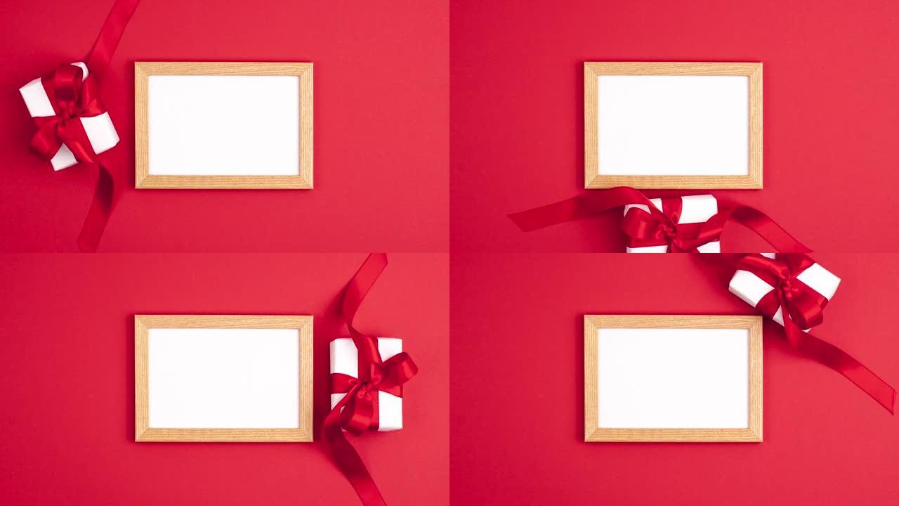 停止运动动画模型木制框架平铺白色礼品盒，左侧有红色缎带蝴蝶结，红色背景鲜明。母亲节假期赠送生日快乐概