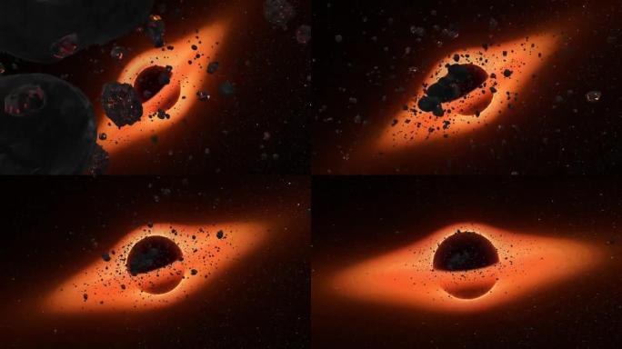 宇宙中的超大质量黑洞。吸积盘和旋转云，吞噬小行星3D渲染