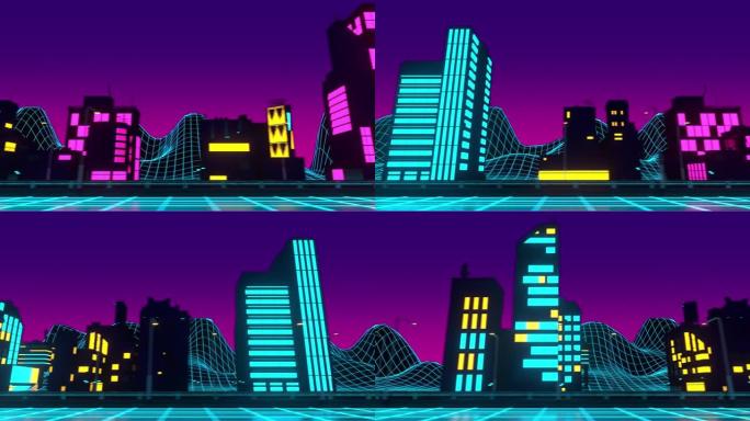 霓虹城市复古背景3d渲染。未来景观的循环动画