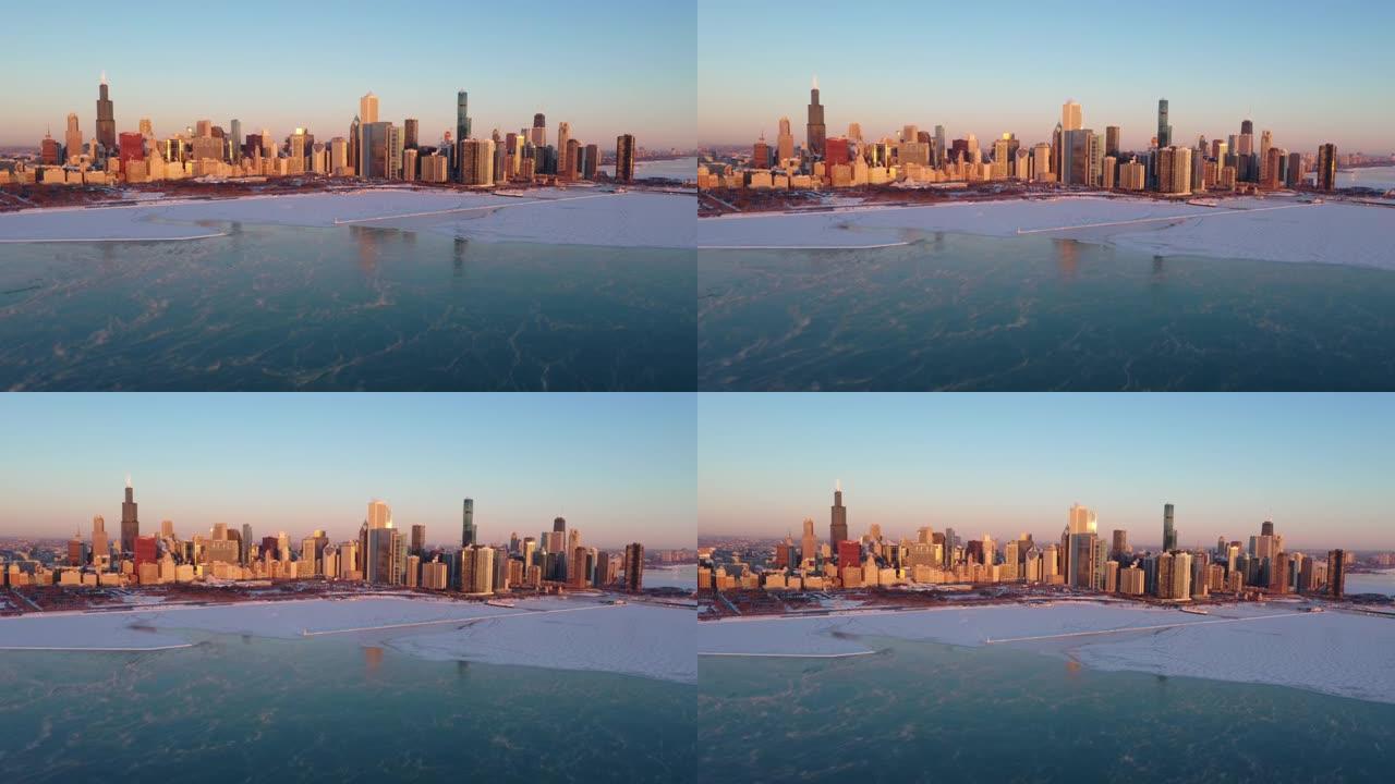 极地涡旋期间的芝加哥鸟瞰图