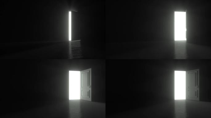 黑暗房间中的门打开，并用4k分辨率的明亮白光填充空间。光线进入低谷。开门的3D渲染动画。