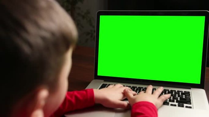 坐在桌子旁的男孩用绿色色度键在笔记本电脑上打字的视图