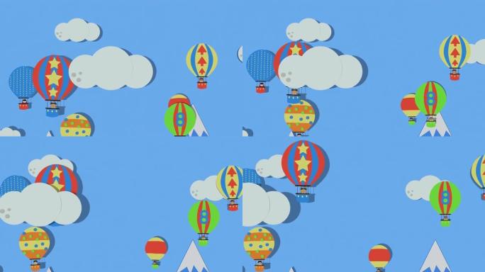 4k明亮多彩的热气球在蓝天中飞翔