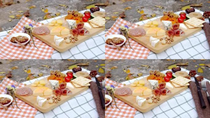 热带花园背景下的各种奶酪和熟食拼盘的镜头，包括卡门培尔奶酪，蓝色和豪达奶酪，腌肉，干果和坚果。