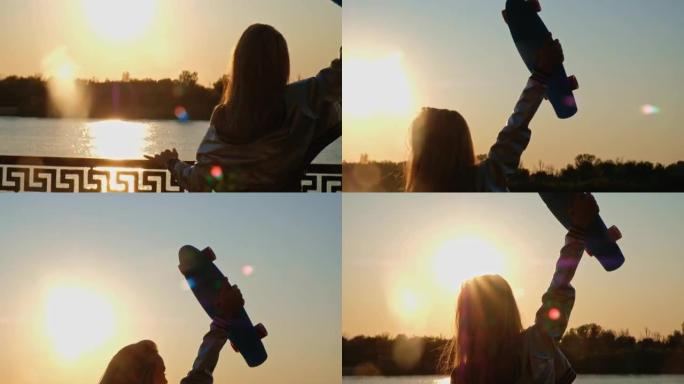 日落时，女孩用右手举起迷你滑板