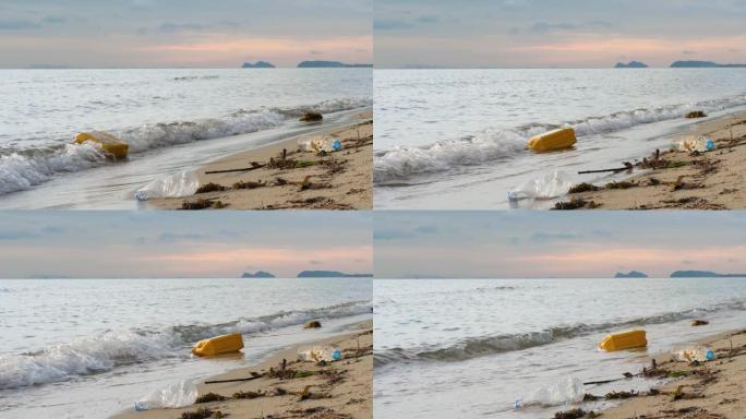 水沙滩上的塑料瓶垃圾