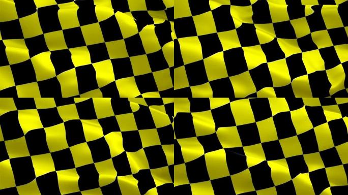 赛车黄色和黑色方格旗开始在风视频镜头HD中挥舞比赛。逼真的出租车终点线赛车背景。天空黄色格子，方格，