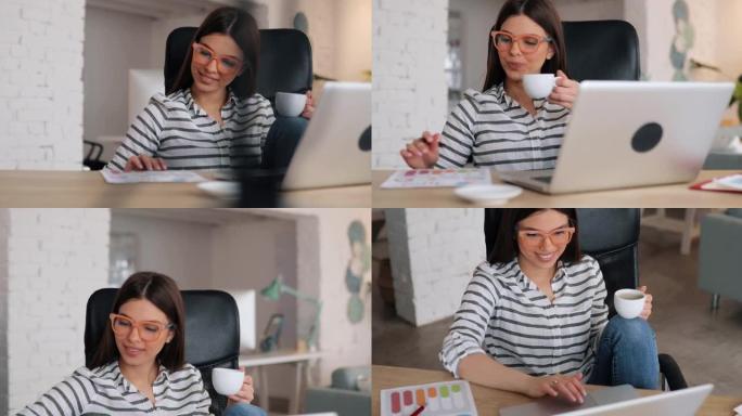 年轻的女商人在办公桌前工作时喝咖啡。她正在分析财务报告，并准备提高业务收入的新方法。