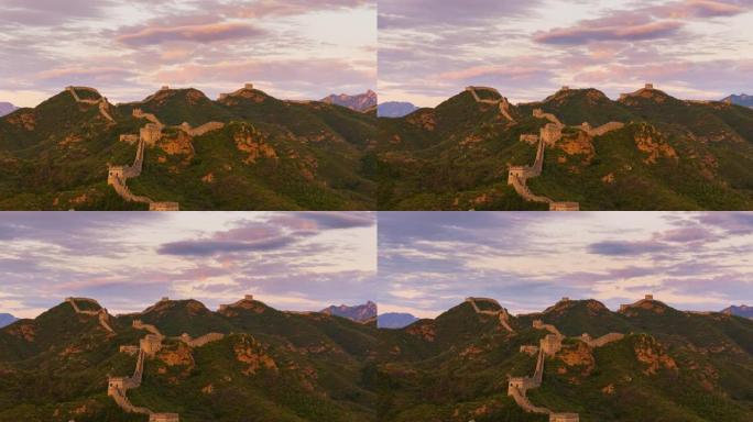 秋天的日落，美丽的天空和山脉的中国长城 (延时)