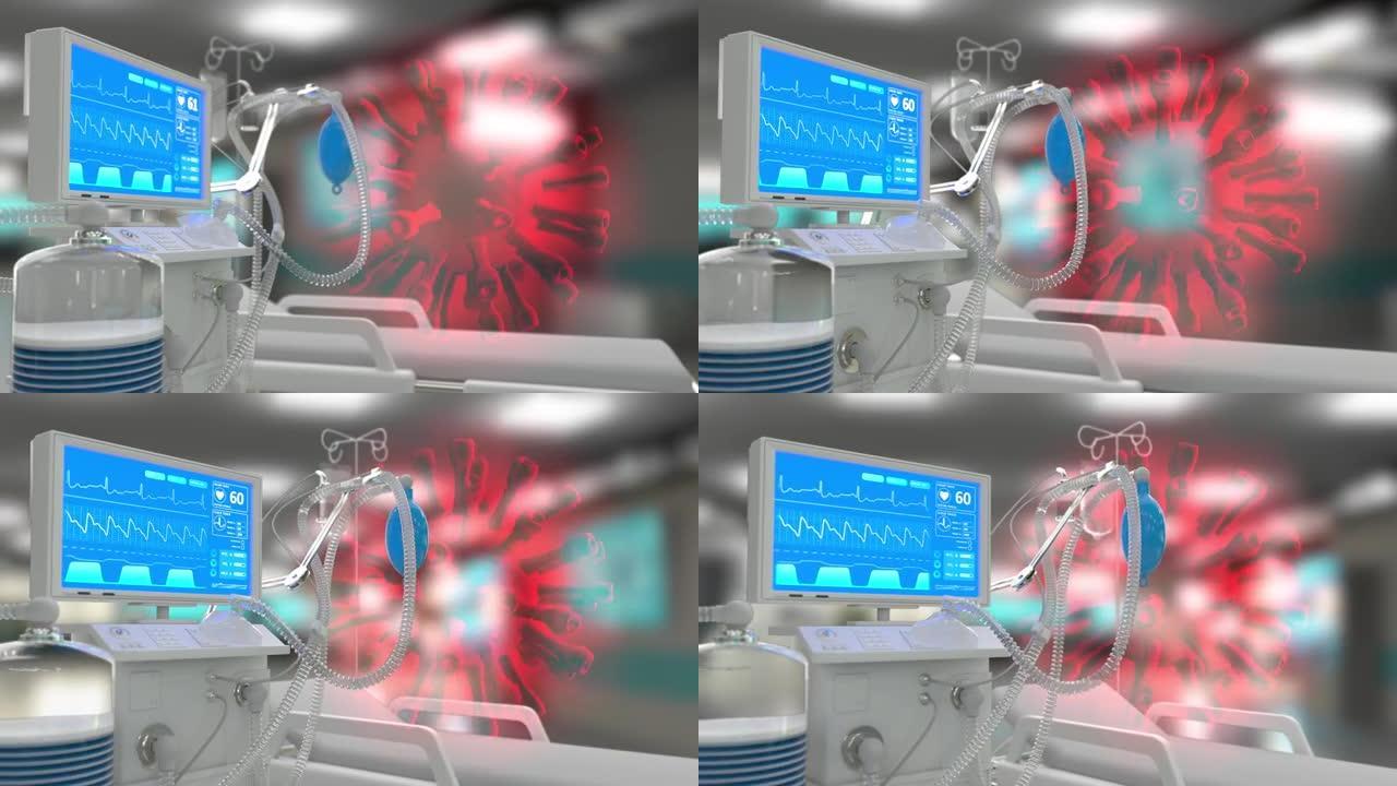 ICU肺呼吸机与冠状病毒，医疗循环3D动画