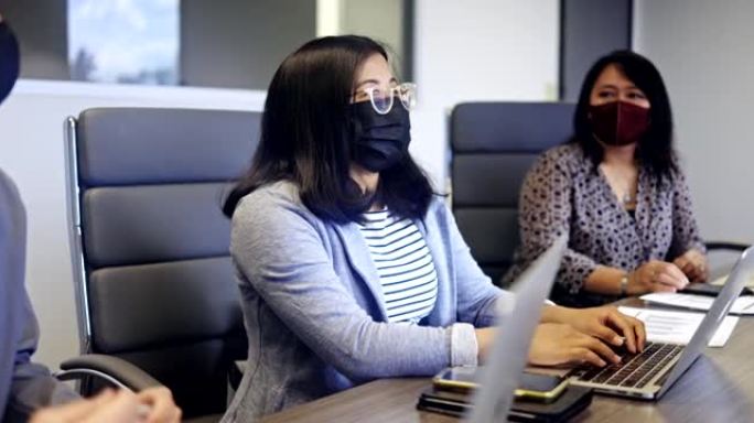 带口罩的会议室商务团队会议