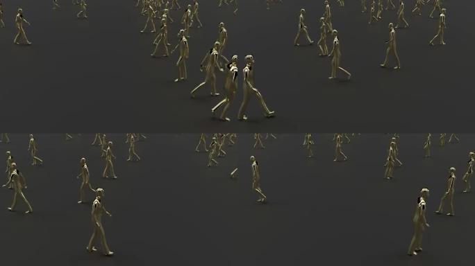 现代黄金金属人走在黑色顶视图4k